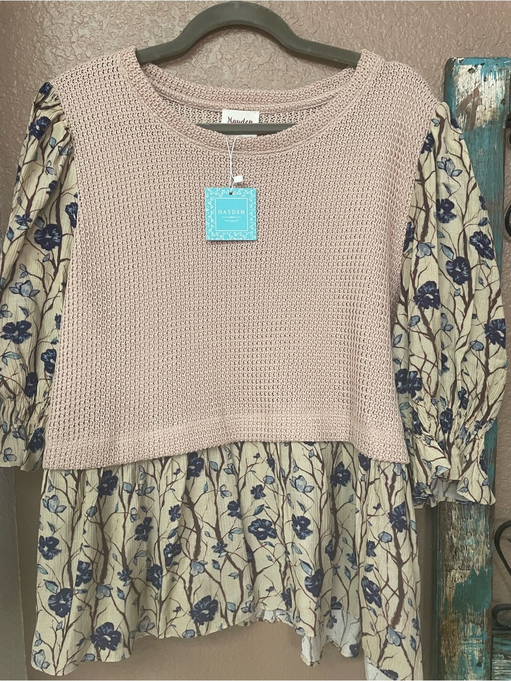 Hayden Knit Overlay Cream Floral Top with Navy Blooms